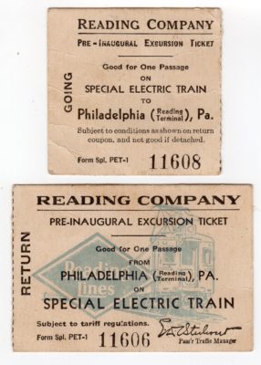 4500_212a_Reading Railroad Ticket Stubs_Gwynedd Valley to Reading Terminal and Return_Pre-Inaugural Excursion on New Electric Train_23 Jul 1931_Front